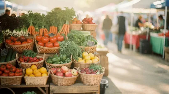 Marché de produits bio avec fruits et légumes variés éclairés par une lumière naturelle douce