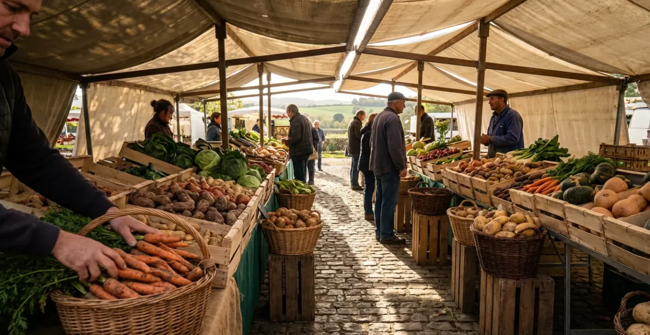 Vue panoramique d'un marché de producteurs locaux avec des étals colorés de légumes de saison et des paniers de produits frais