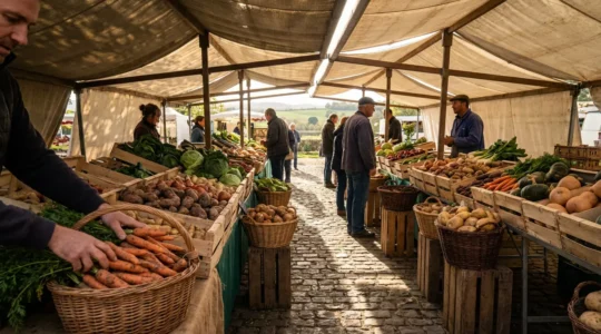 Vue panoramique d'un marché de producteurs locaux avec des étals colorés de légumes de saison et des paniers de produits frais