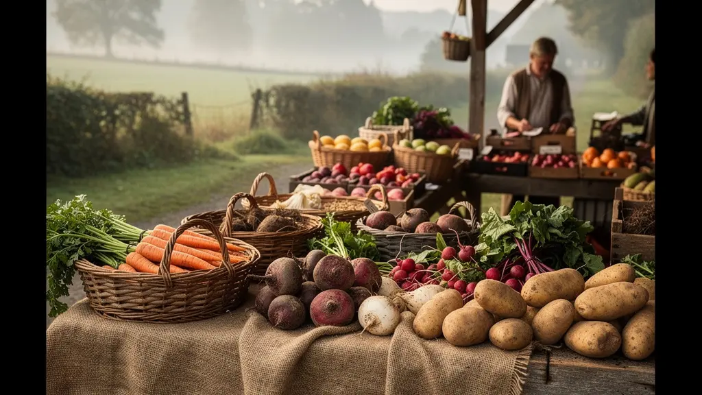 Vue large d'un marché local avec paniers de légumes de saison dans un cadre rural