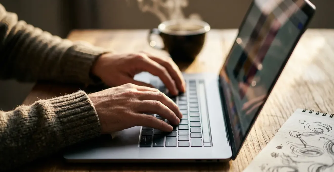 Gros plan sur des mains tapant un message sur un ordinateur portable avec une tasse de café à côté