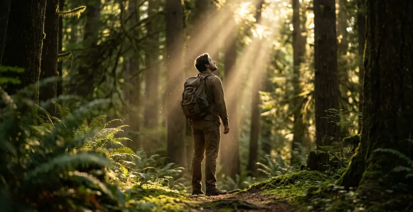 Randonneur solitaire dans une forêt ancienne avec rayons de lumière filtrant à travers la canopée