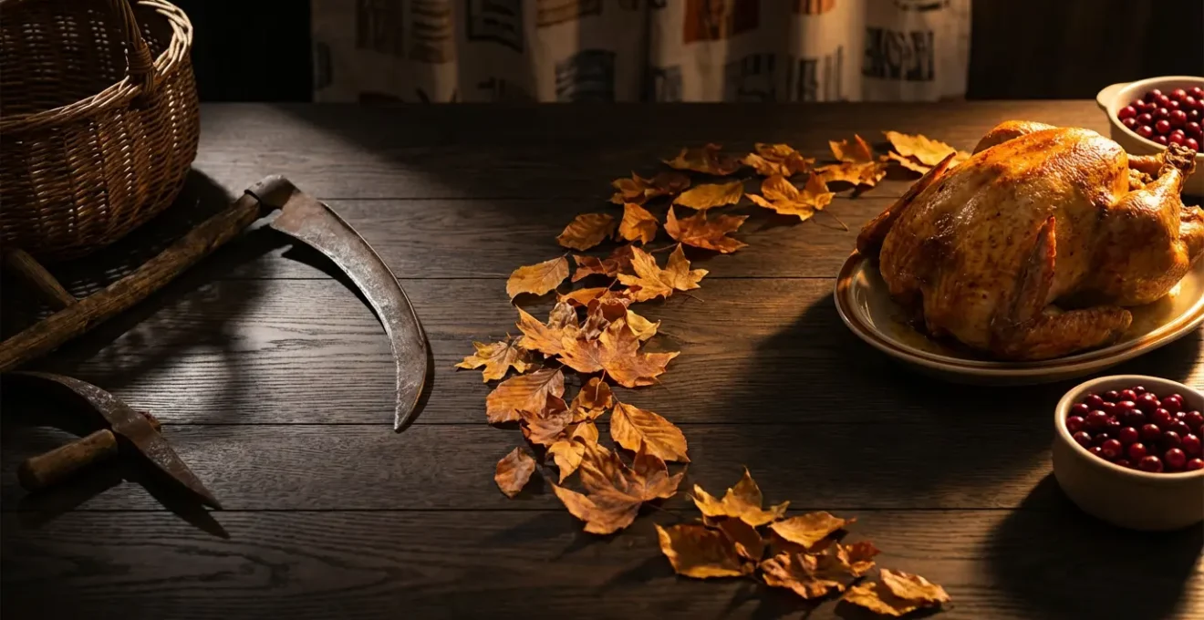 Composition symbolique mêlant éléments historiques et modernes de Thanksgiving