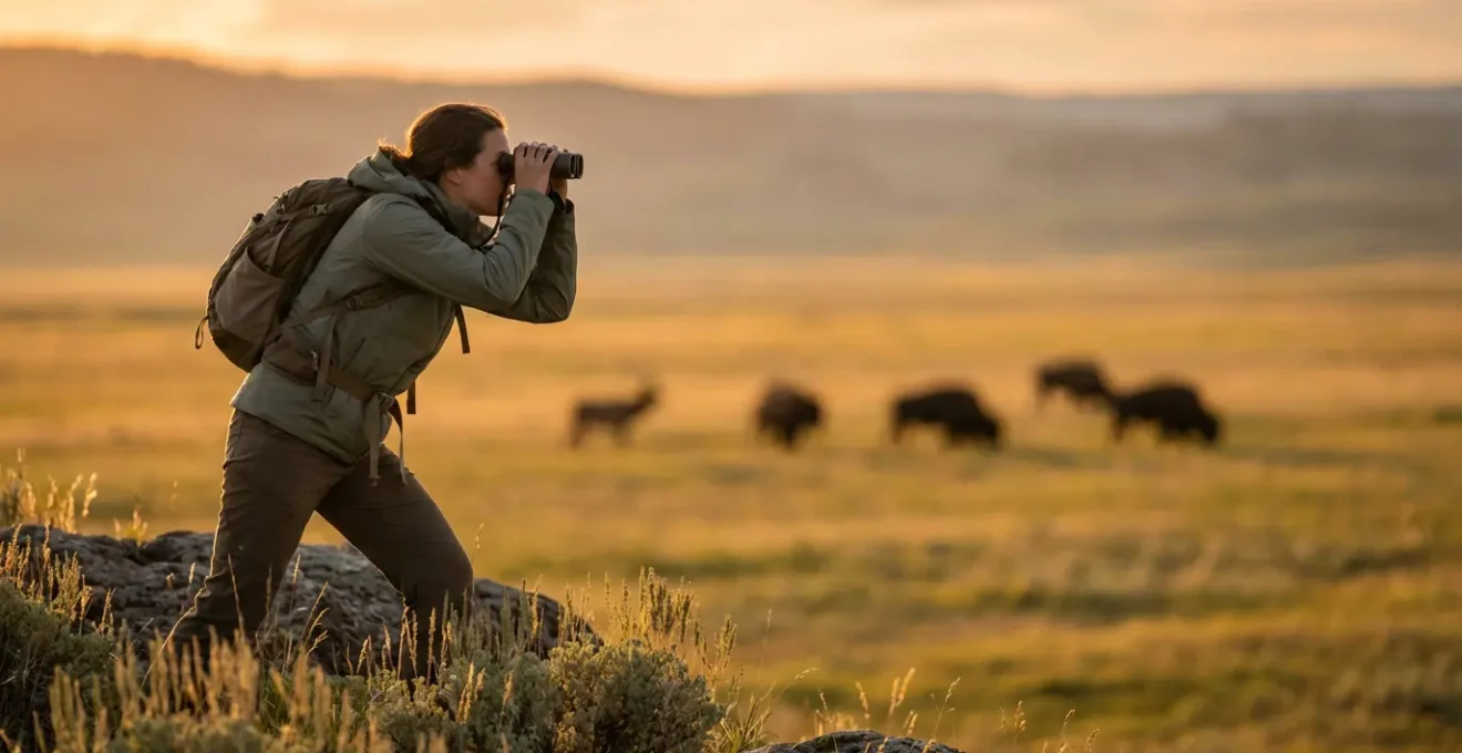 Touriste observant un troupeau de bisons à distance sécuritaire avec des jumelles dans les grandes plaines de Yellowstone