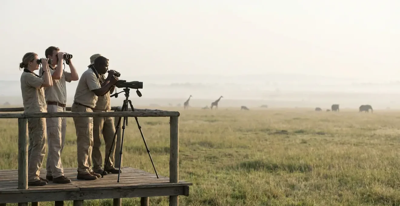 Observateurs de nature avec jumelles regardant des animaux sauvages à distance respectueuse
