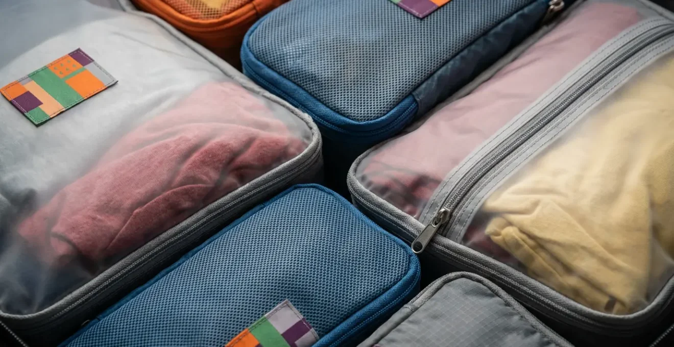 Vue macro de compartiments de valise organisés avec méthode, étiquettes colorées et rangement méthodique