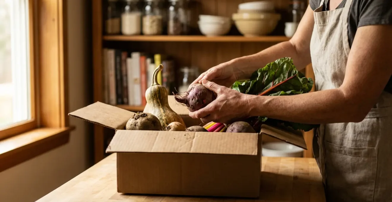 Plan rapproché d'un panier de légumes variés de saison sur une table de cuisine avec des recettes à côté