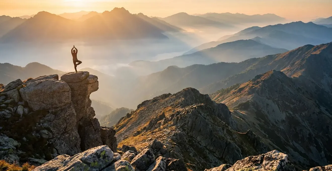 Vue panoramique d'une montagne au lever du soleil pour une pratique de yoga