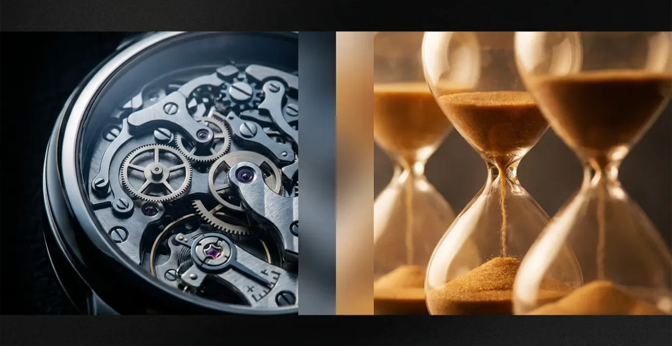 Composition symbolique montrant deux approches du temps avec horloges et agendas contrastés