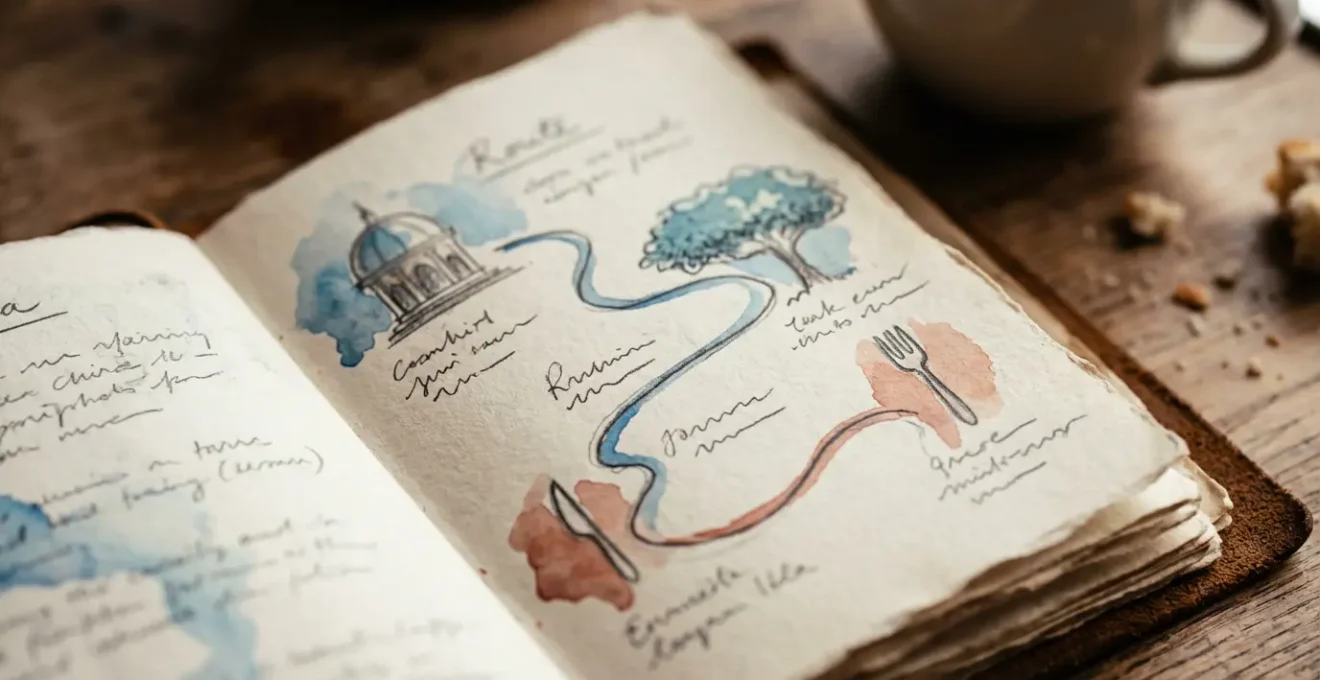 Carnet de voyage ouvert avec itinéraire dessiné à la main sur fond de carte de Lyon