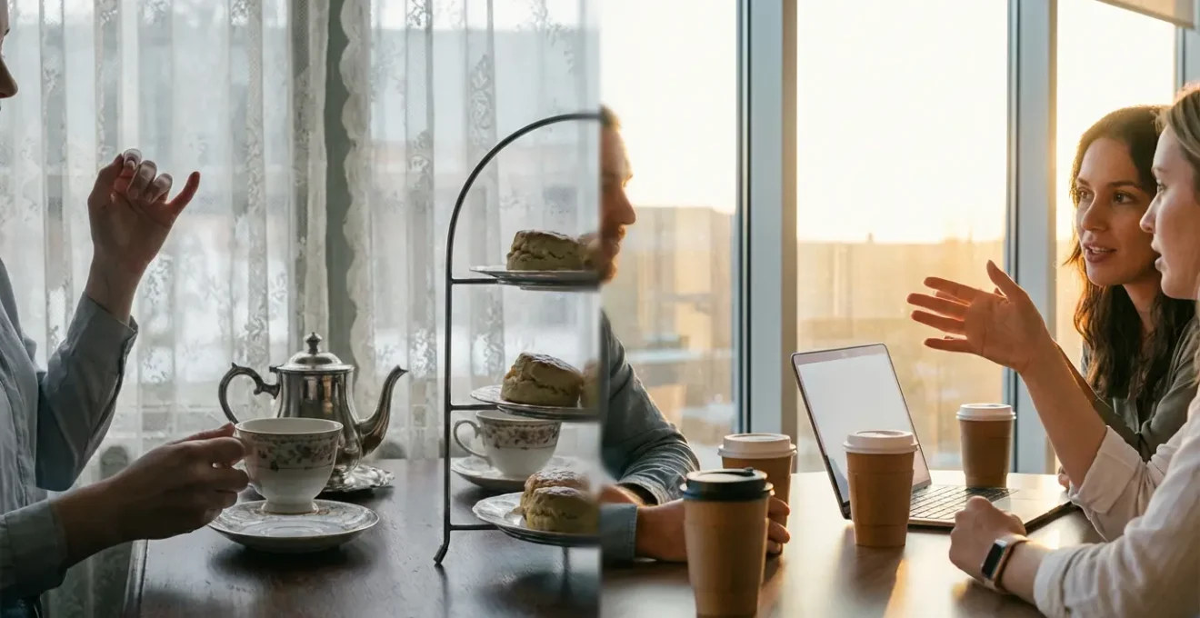 Scène humoristique montrant la différence culturelle entre l'approche britannique et américaine dans un contexte social