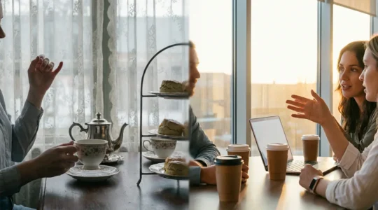 Scène humoristique montrant la différence culturelle entre l'approche britannique et américaine dans un contexte social