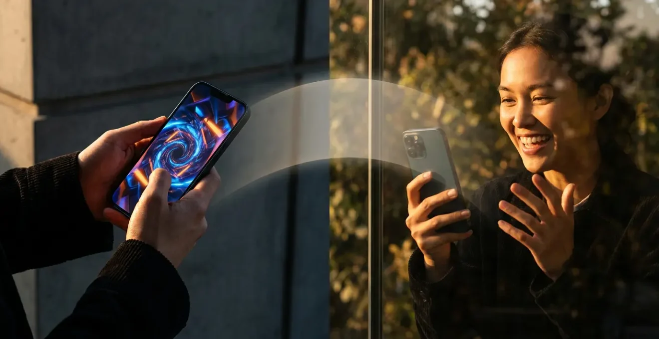 Personne utilisant une application mobile puis passant à une vraie conversation vidéo