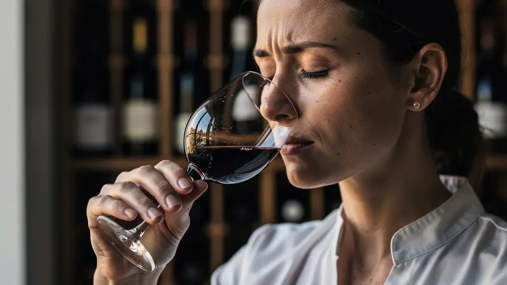 Portrait d'une sommelière concentrée lors d'une dégustation à l'aveugle, verre de vin rouge à la main
