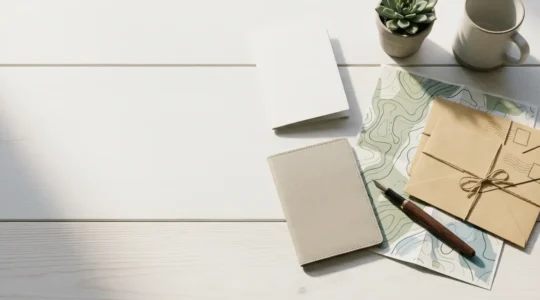 Bureau organisé avec documents administratifs, passeport et check-list pour préparation expatriation