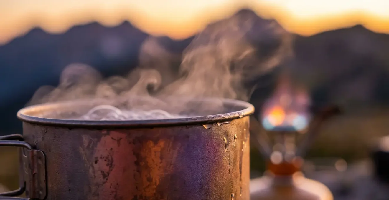Préparation d'un repas lyophilisé avec réchaud compact lors d'un bivouac en montagne