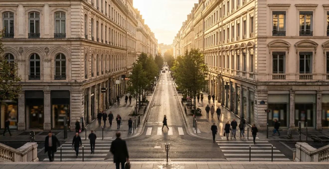 Vue panoramique de la Presqu'île de Lyon avec ses grandes artères commerçantes, l'architecture haussmannienne et les passants flânant entre shopping et culture