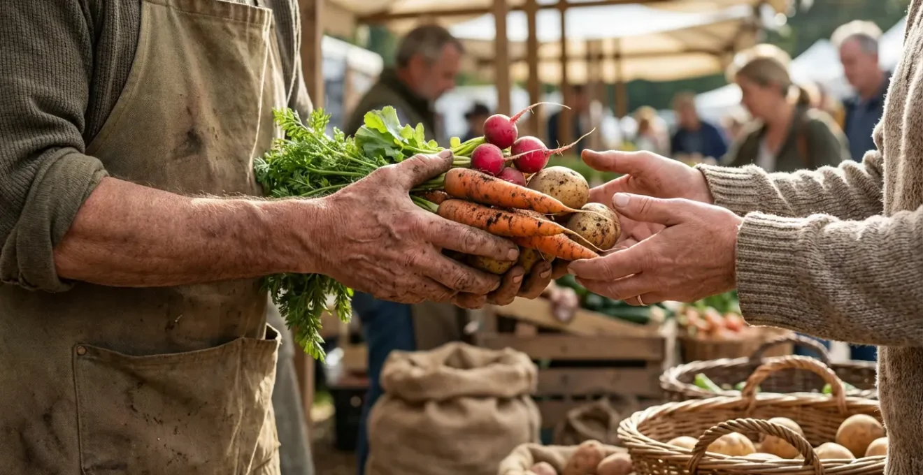 Mains d'un producteur local tenant des légumes terreux sur un étal de marché authentique