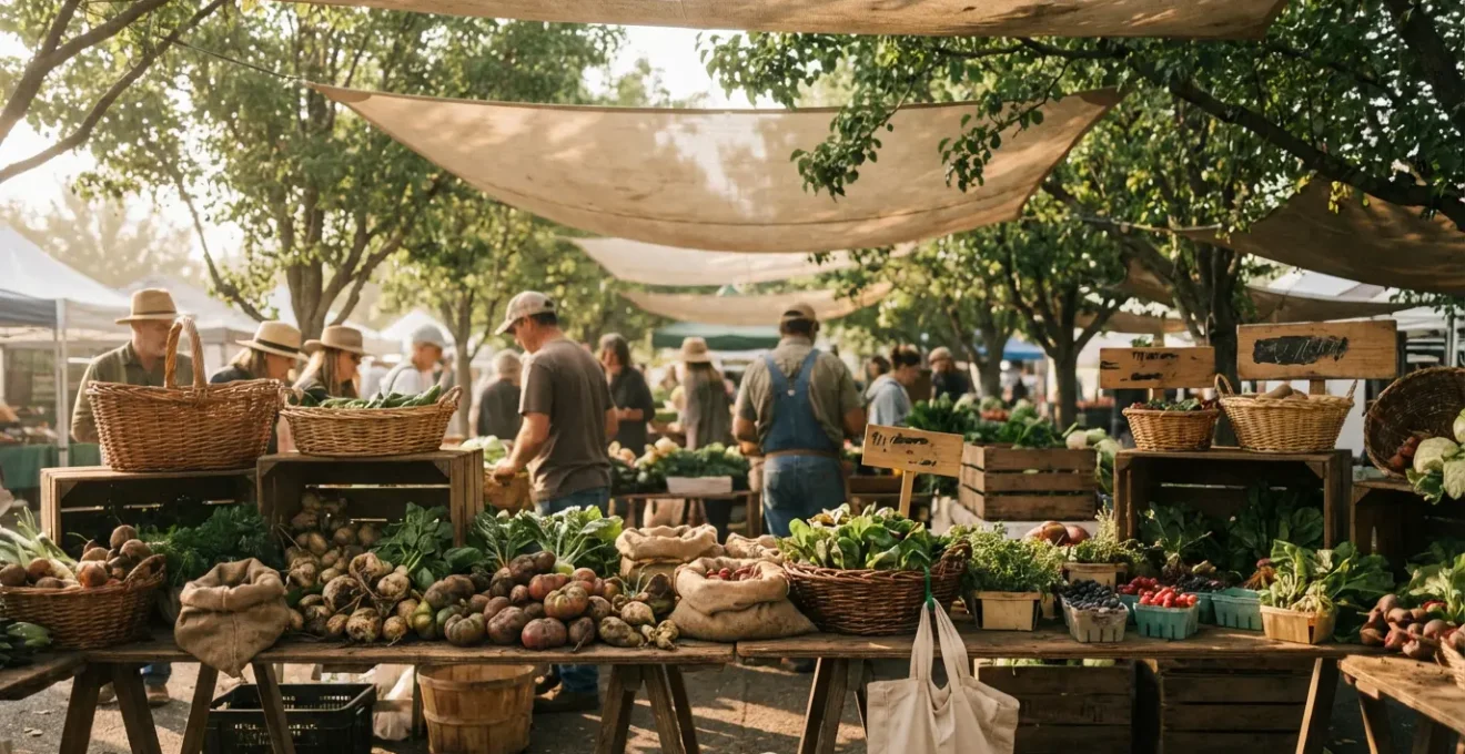Vue plongeante d'un marché de producteurs locaux avec des étals colorés de fruits et légumes de saison