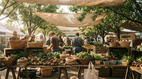Vue plongeante d'un marché de producteurs locaux avec des étals colorés de fruits et légumes de saison