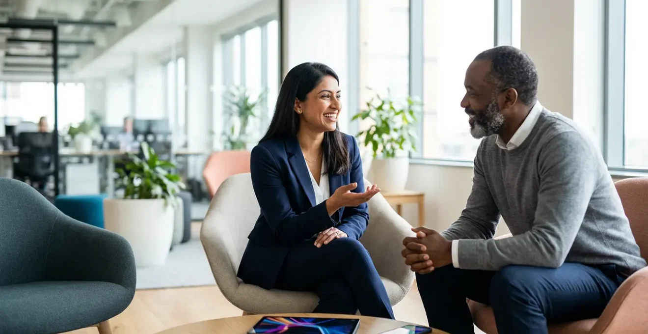 Deux professionnels en discussion naturelle dans un bureau moderne, montrant une communication fluide en anglais