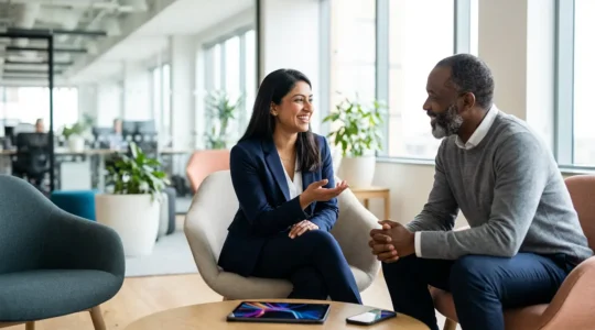 Deux professionnels en discussion naturelle dans un bureau moderne, montrant une communication fluide en anglais