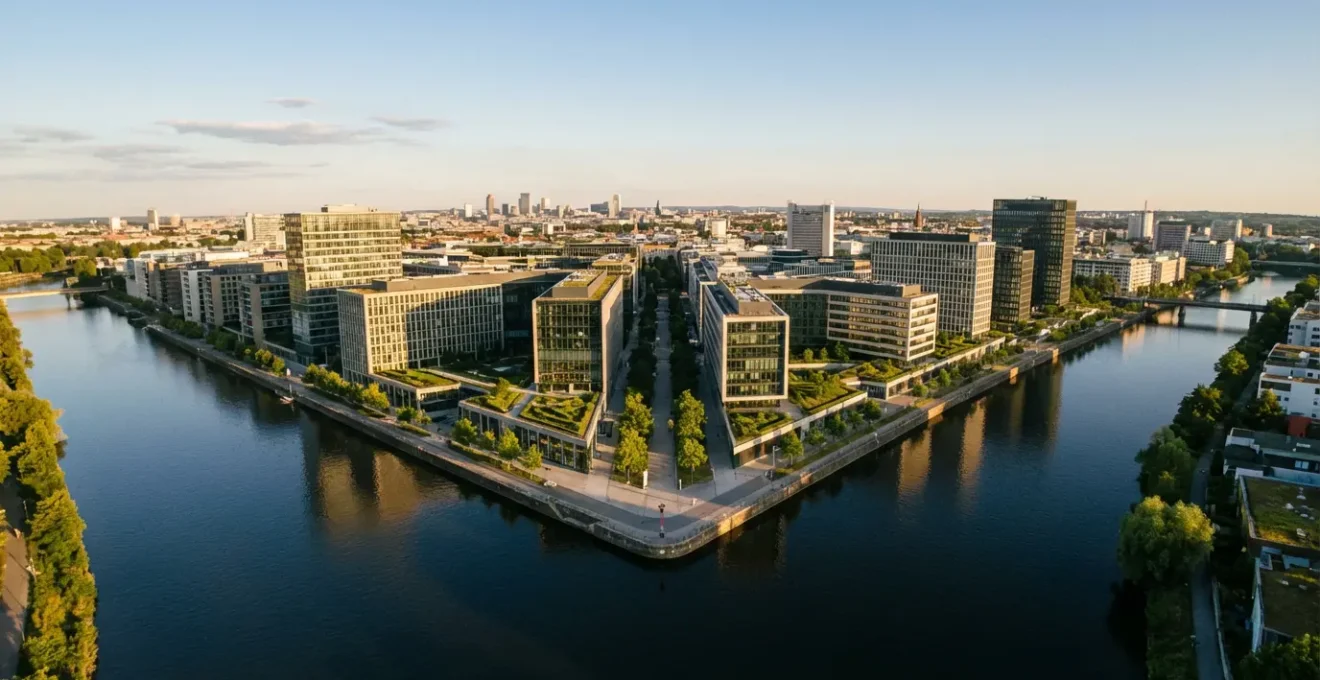 Vue panoramique du quartier Confluence à Lyon avec architecture moderne et verdure au confluent des fleuves