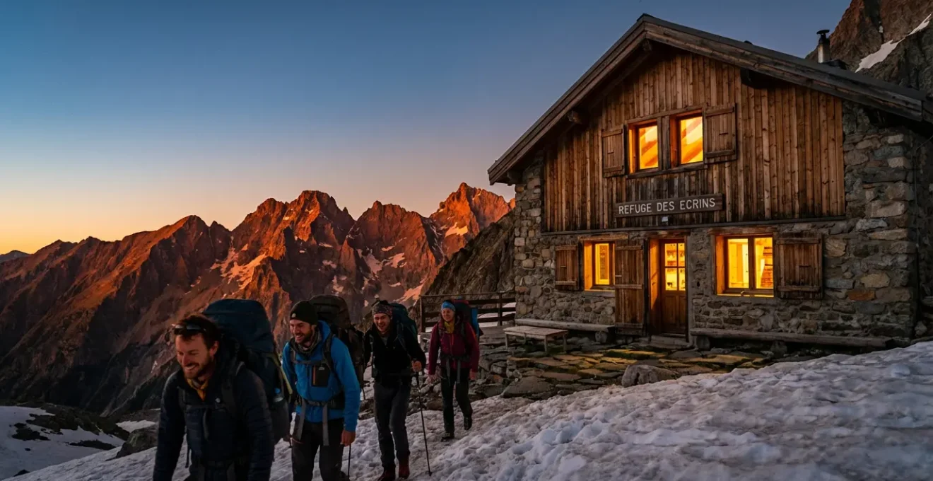 Refuge de montagne illuminé au coucher du soleil dans les Alpes