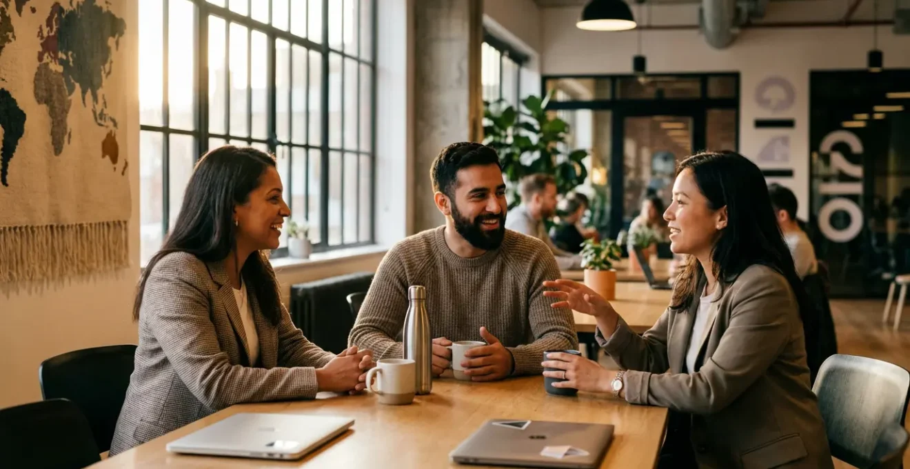 Personnes de différentes nationalités échangeant dans un espace de coworking moderne avec une carte mondiale en arrière-plan