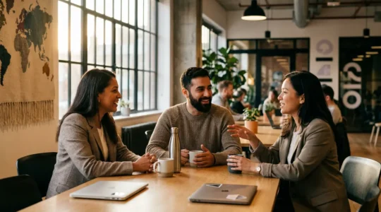 Personnes de différentes nationalités échangeant dans un espace de coworking moderne avec une carte mondiale en arrière-plan