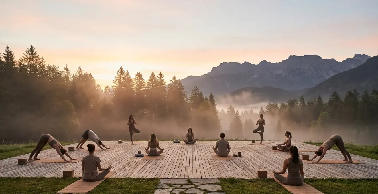 Groupe de personnes pratiquant le yoga en pleine nature lors d'une retraite