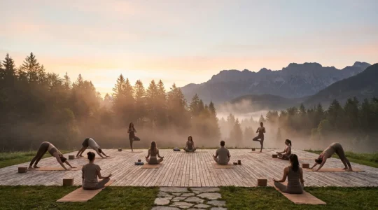 Groupe de personnes pratiquant le yoga en pleine nature lors d'une retraite