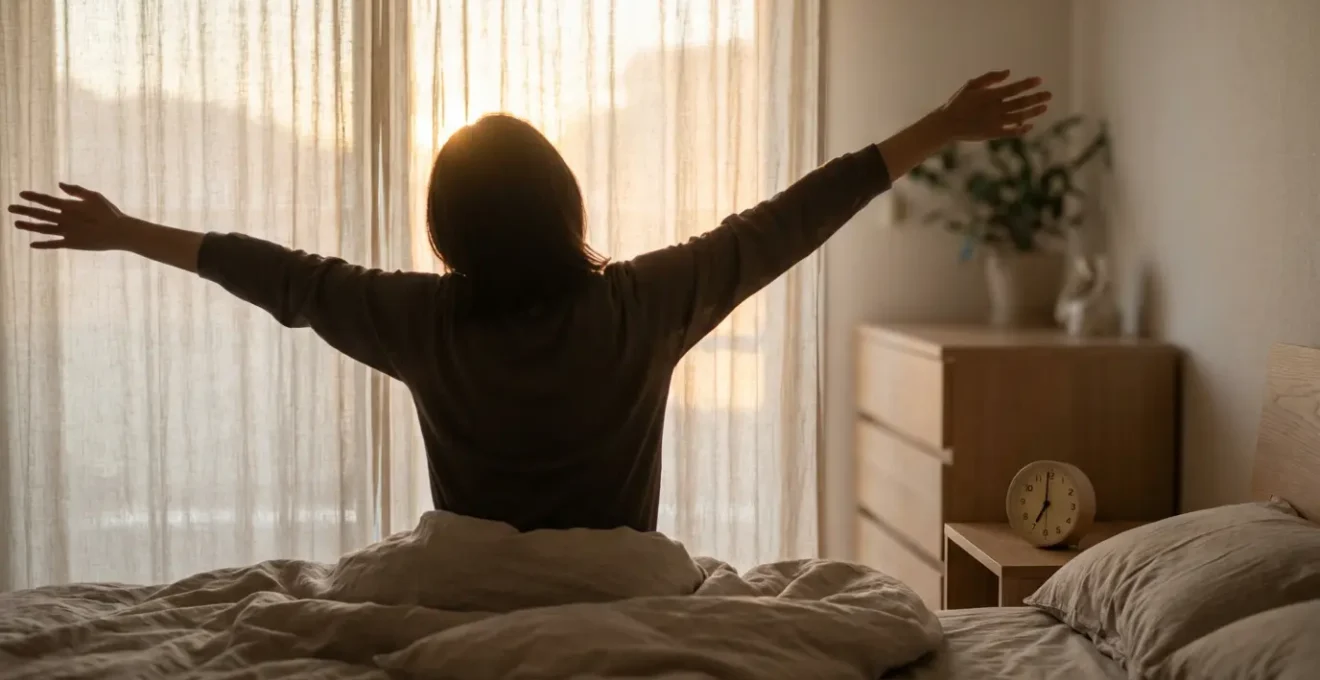 Rayons de soleil matinal traversant des rideaux légers dans une chambre épurée