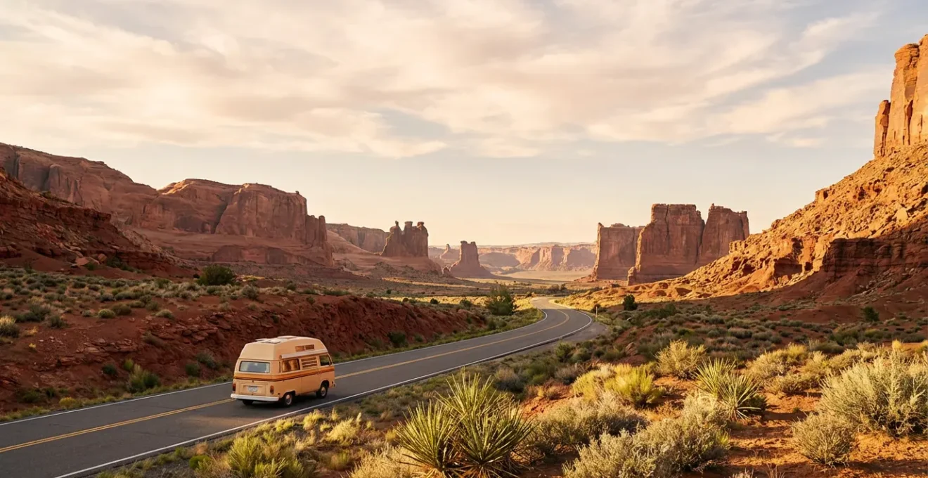 Vue panoramique d'une route sinueuse traversant les paysages rougeoyants de l'Ouest américain avec un camping-car au lever du soleil