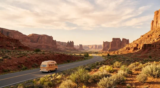 Vue panoramique d'une route sinueuse traversant les paysages rougeoyants de l'Ouest américain avec un camping-car au lever du soleil