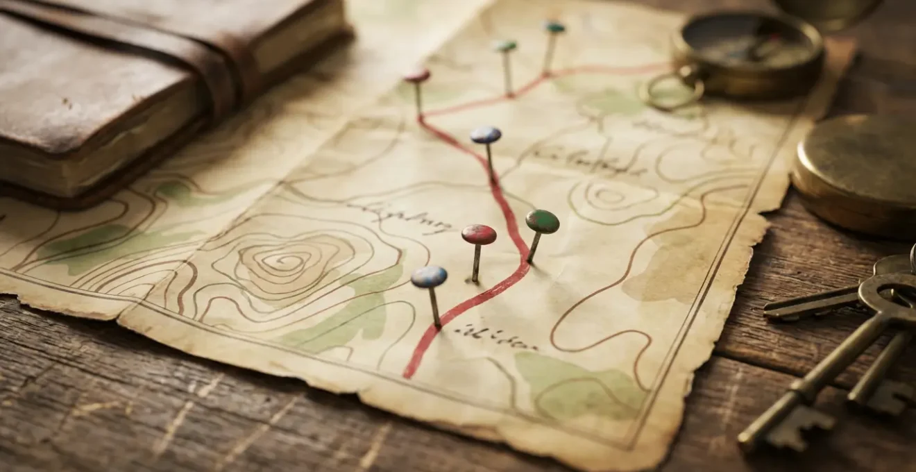 Vue aérienne d'une carte routière vintage étalée sur une table en bois avec des épingles colorées marquant des étapes