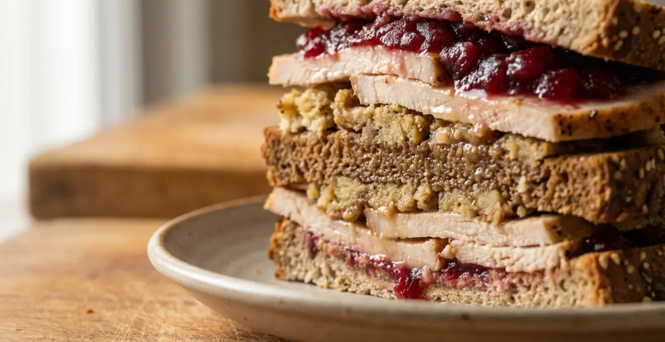 Gros plan sur un sandwich généreux aux restes de dinde avec couches visibles d'ingrédients