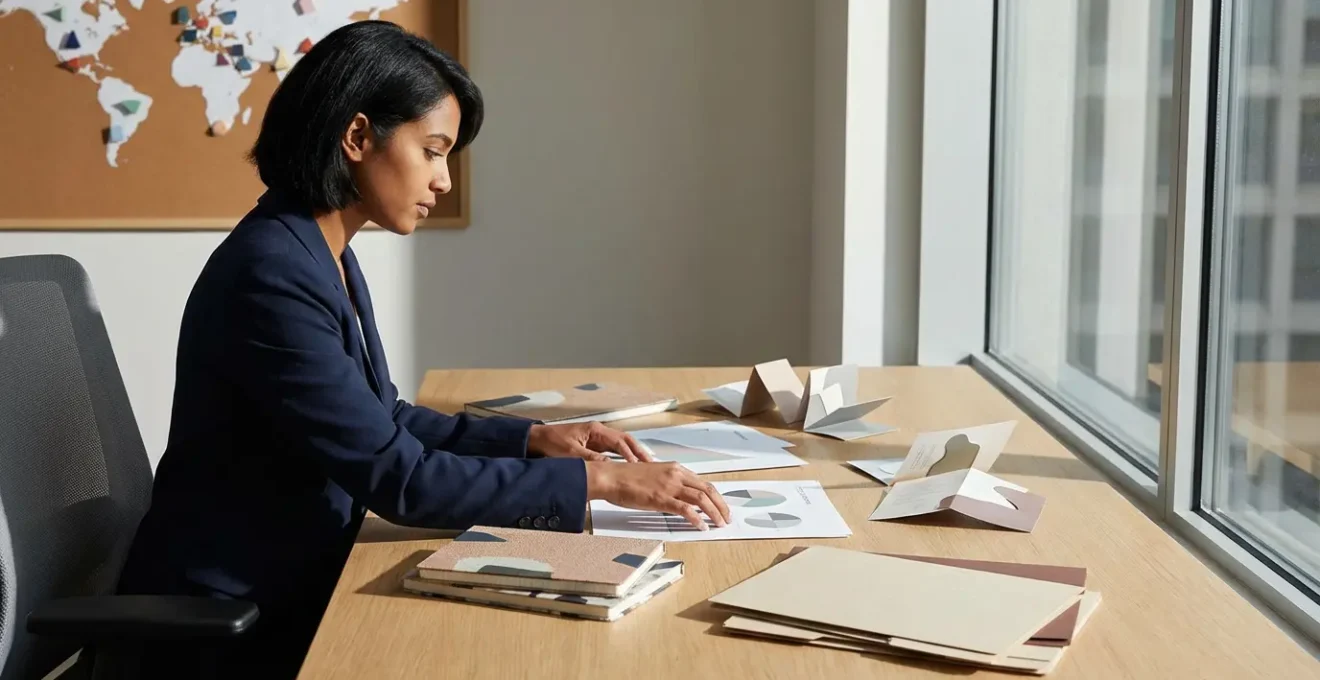 Jeune professionnel calculant le retour sur investissement de son séjour linguistique avec carte du monde en arrière-plan