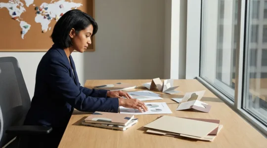 Jeune professionnel calculant le retour sur investissement de son séjour linguistique avec carte du monde en arrière-plan