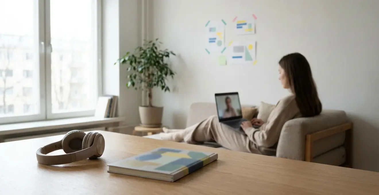 Espace de vie transformé en environnement d'apprentissage immersif avec éléments visuels et auditifs