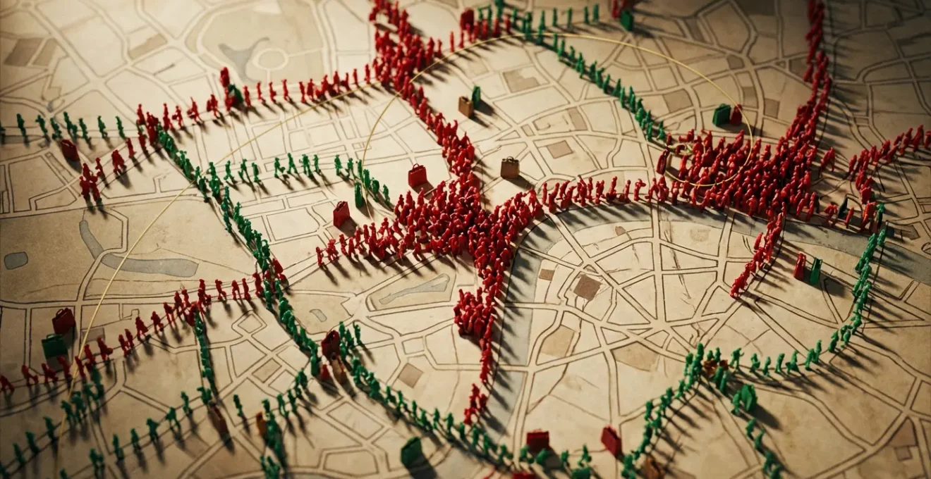 Vue aérienne stylisée d'Oxford Street avec parcours stratégique pour éviter la foule