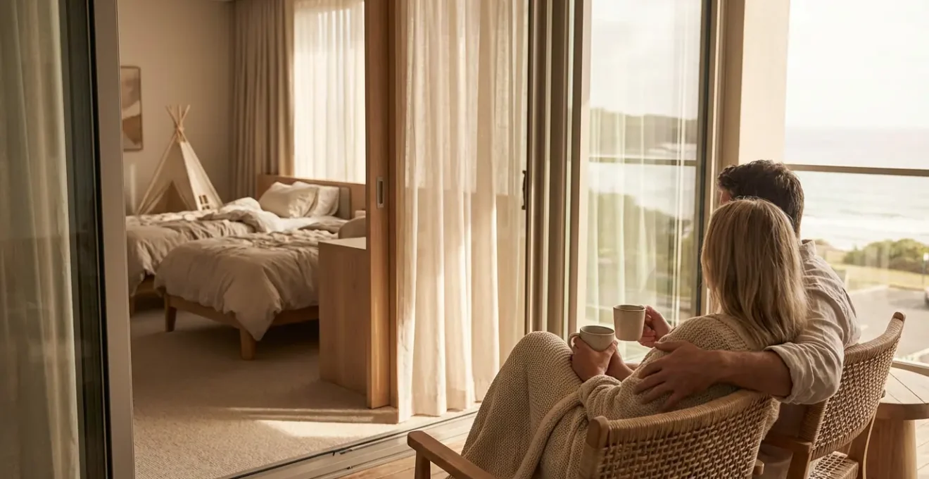 Vue en coupe d'une suite familiale d'hôtel montrant la séparation des espaces parents-enfants