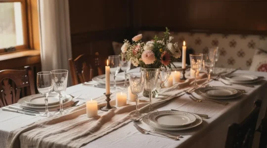 Table élégamment dressée dans une ambiance chaleureuse avec bougies et décoration florale