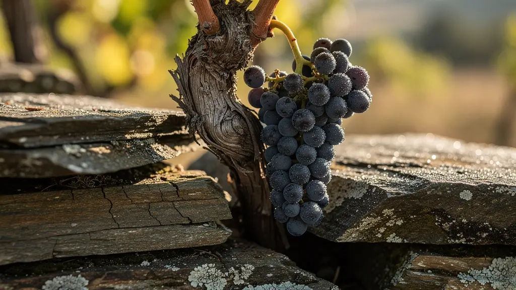 Terrasses abruptes de Côte-Rôtie avec murets de pierre et vignes de Syrah