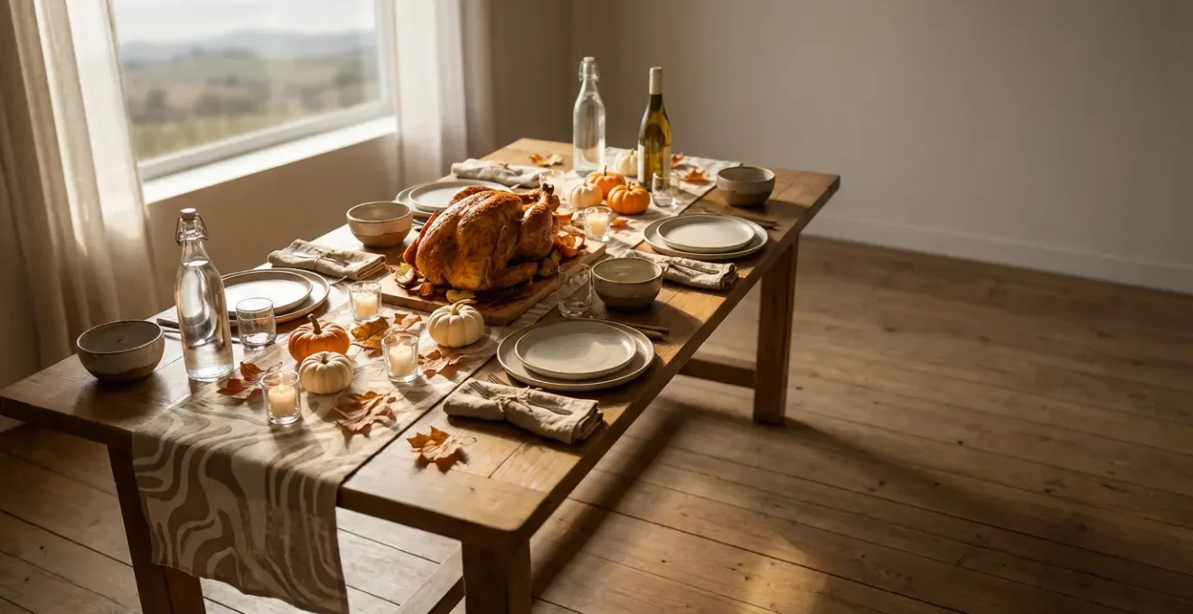 Table de Thanksgiving élégamment dressée dans une salle à manger française avec dinde dorée et décoration automnale