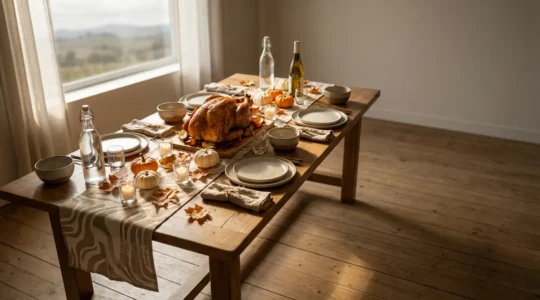 Table de Thanksgiving élégamment dressée dans une salle à manger française avec dinde dorée et décoration automnale
