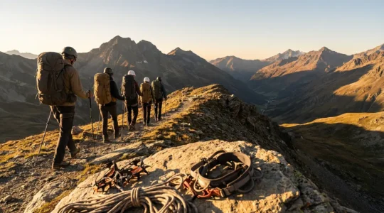 Groupe de randonneurs équipés sur un sentier de montagne avec guide professionnel