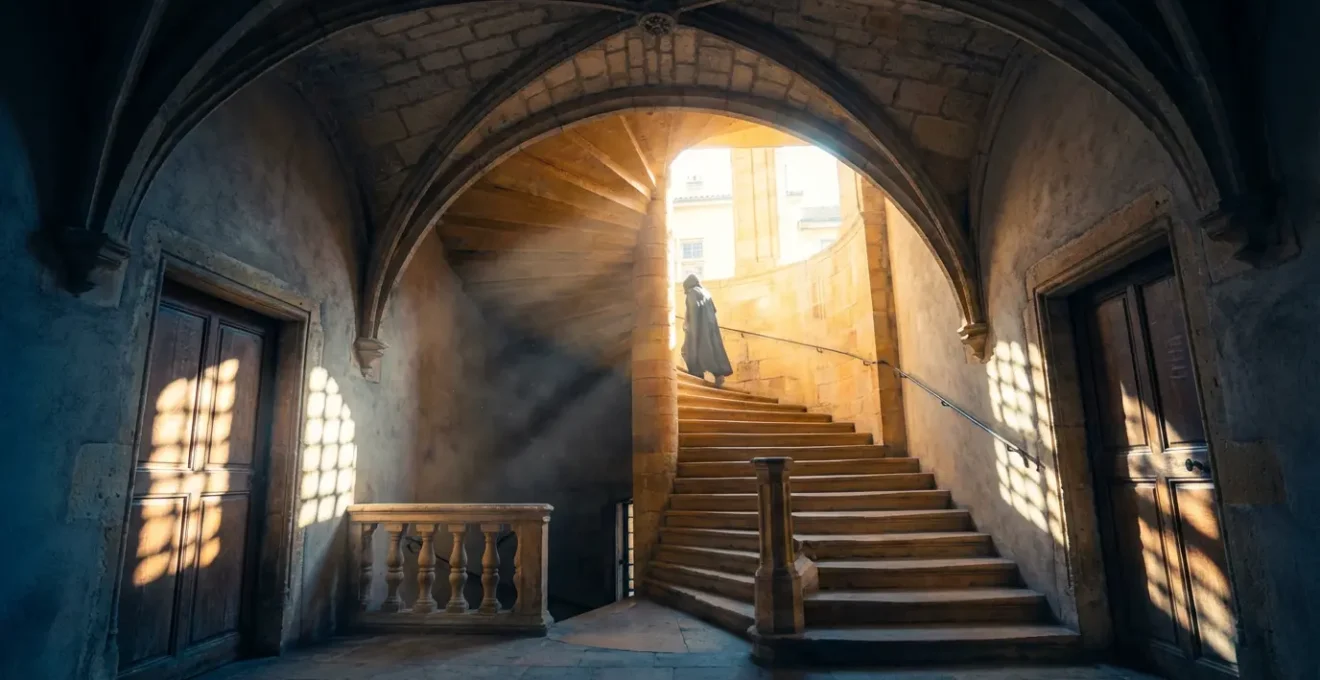 Traboule typique du Vieux-Lyon avec escalier Renaissance et jeu de lumières