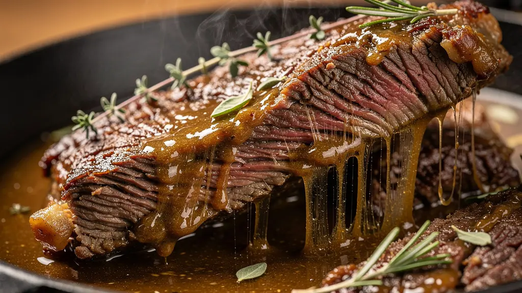 Viande mijotant doucement dans une cocotte en fonte avec vapeur et sauce épaisse