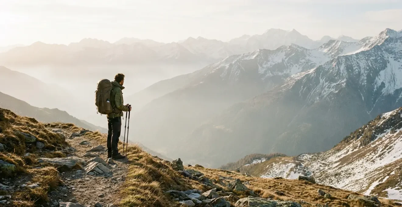 Randonneur contemplant un panorama montagnard avec son sac à dos lors d'un trek de plusieurs jours